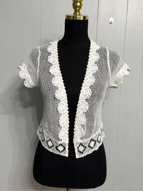 #14)  Ultra Pink White Crochet Lace Bolero Top